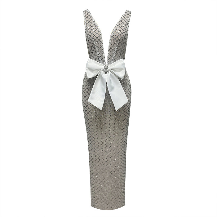 V Neck Bow Sequin Maxi Dress In White