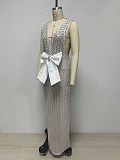 V Neck Bow Sequin Maxi Dress In White