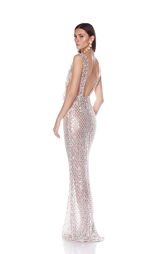 V Neck Bow Sequin Maxi Dress In White