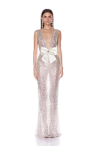V Neck Bow Sequin Maxi Dress In White