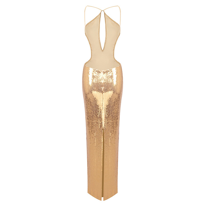 Sequin Halter Backless Maxi Dress