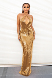 Sequin Halter Backless Maxi Dress