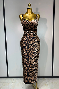 Leopard Print Sweetheart Neck Bodycon Maxi Dress