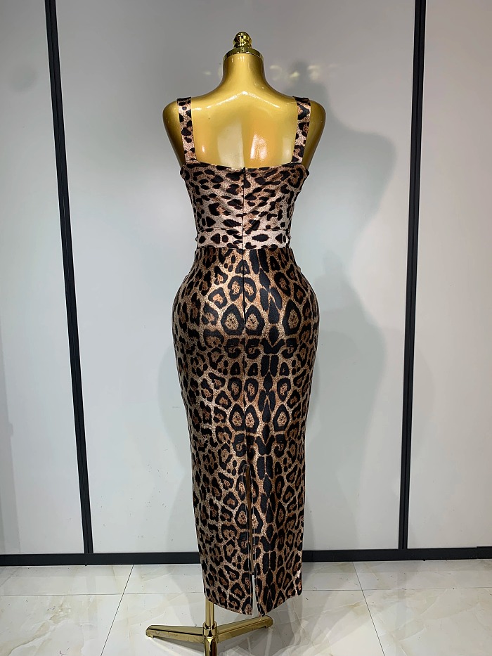 Leopard Print Sweetheart Neck Bodycon Maxi Dress