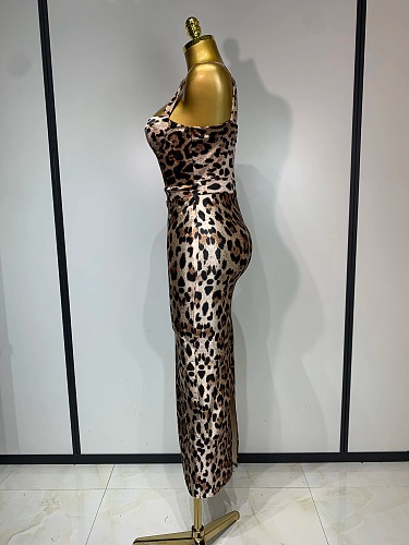 Leopard Print Sweetheart Neck Bodycon Maxi Dress