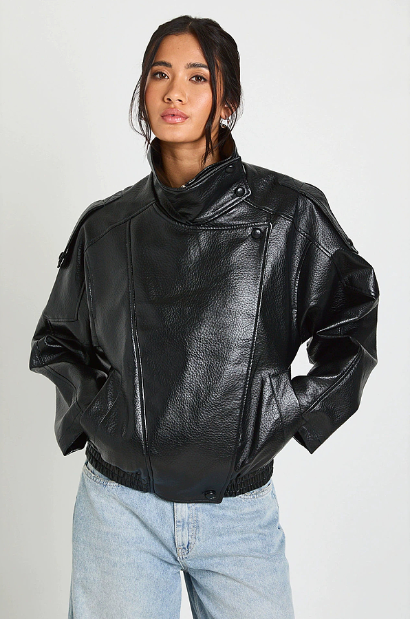 Cropped Cargo Leather Jacket