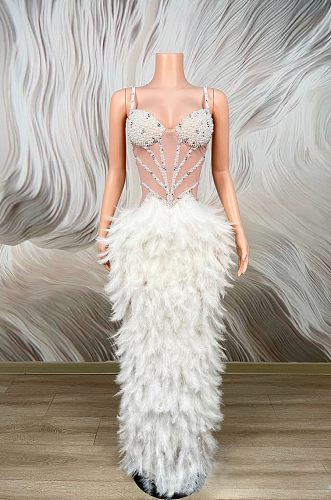 Beaded Sheer Feather Maxi Dress