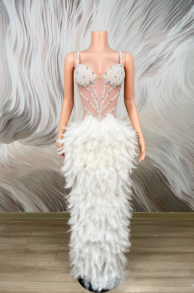 Beaded Sheer Feather Maxi Dress