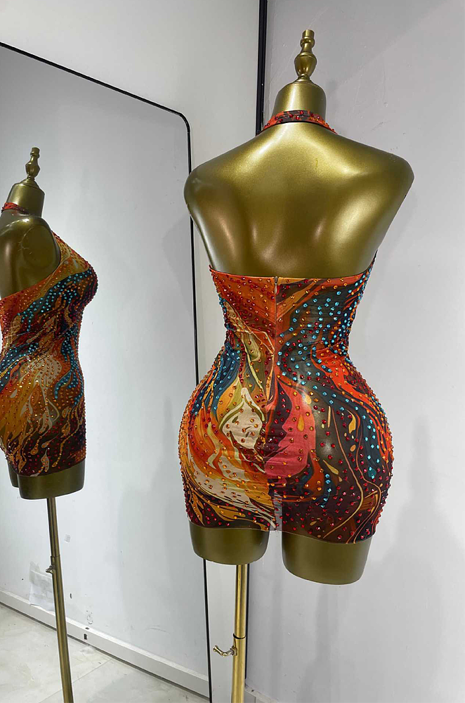 Embellished Crystal Halter Mini Dress