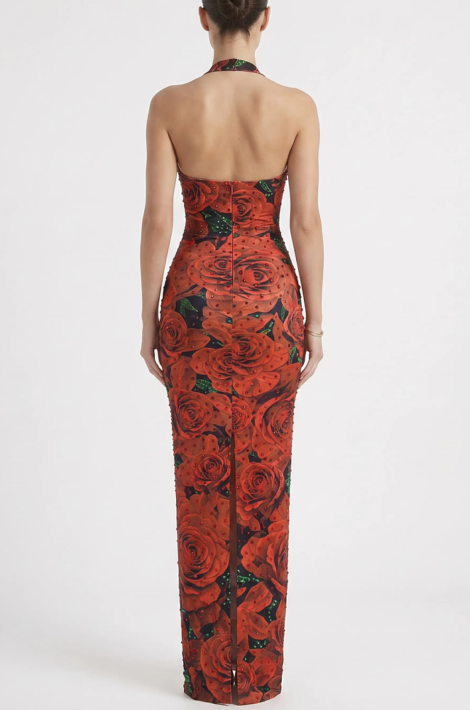 Red Floral Rhinestone Halter Neck Long Dress