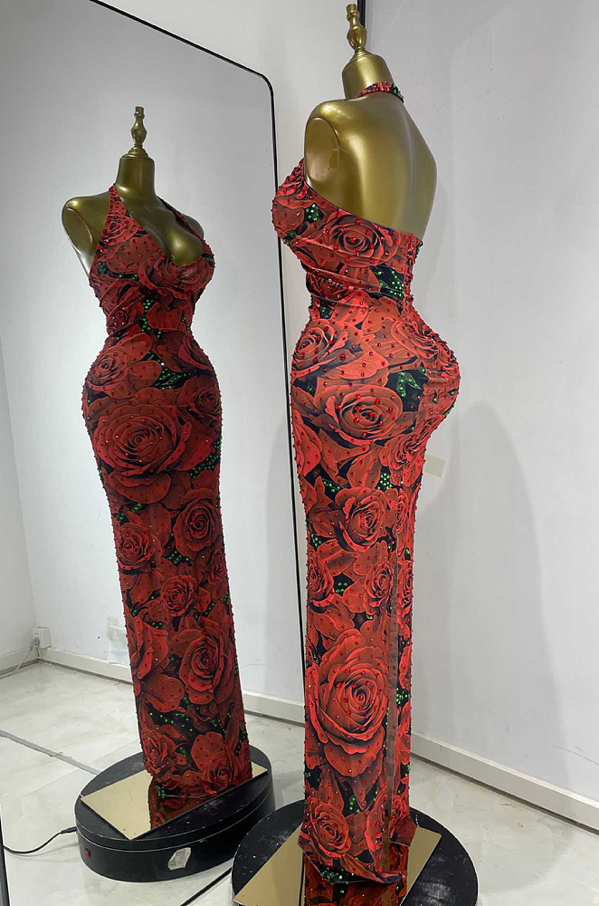 Red Floral Rhinestone Halter Neck Long Dress