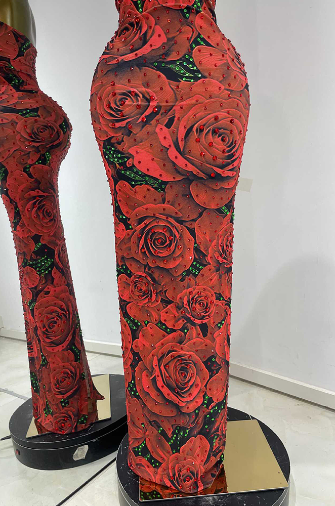 Red Floral Rhinestone Halter Neck Long Dress