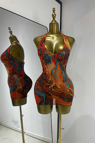 Embellished Crystal Halter Mini Dress