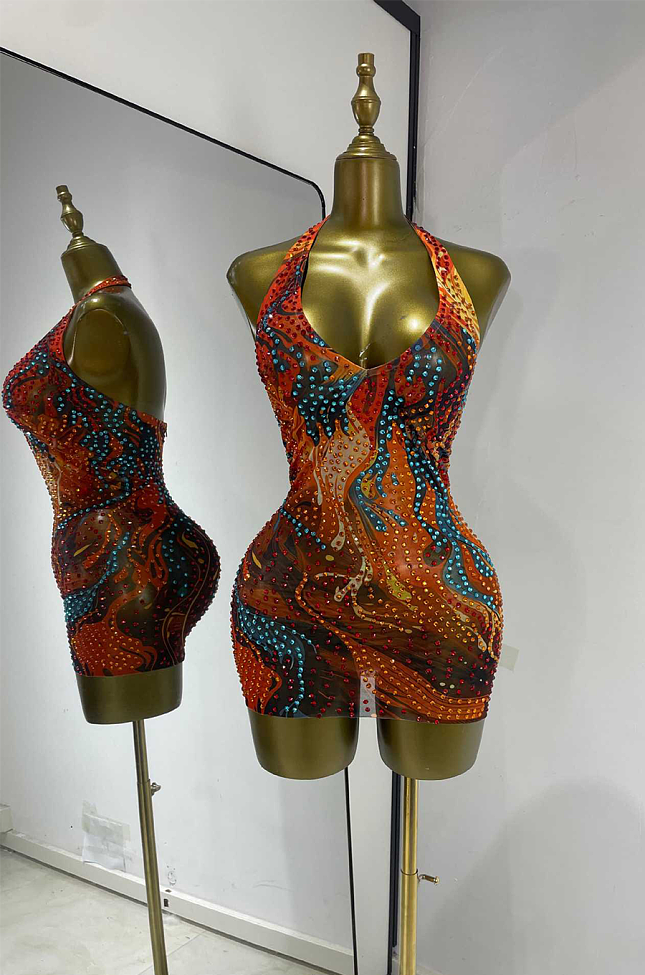 Embellished Crystal Halter Mini Dress