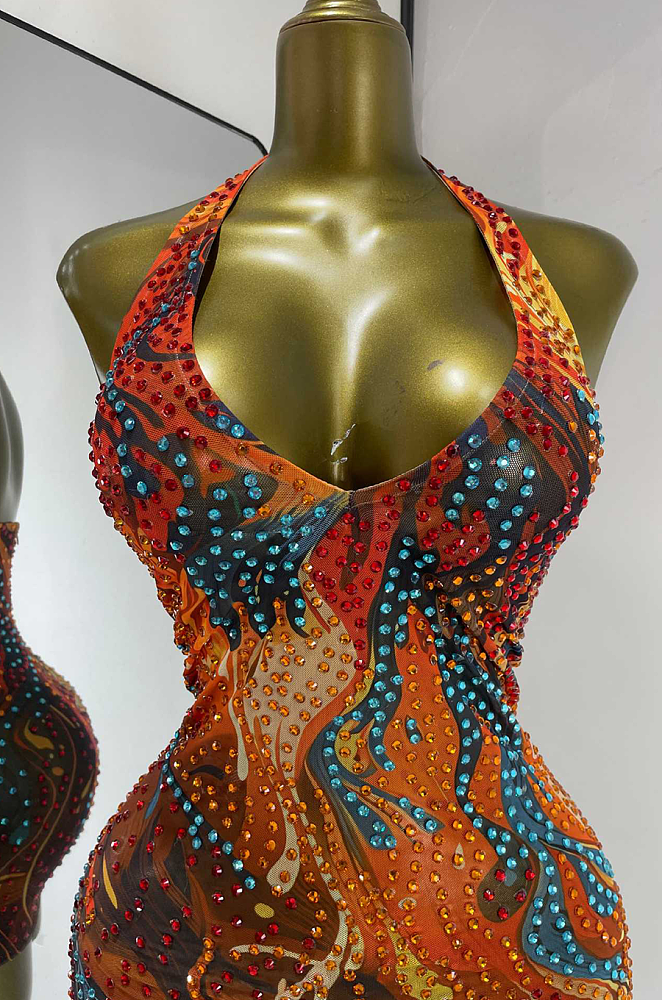 Embellished Crystal Halter Mini Dress