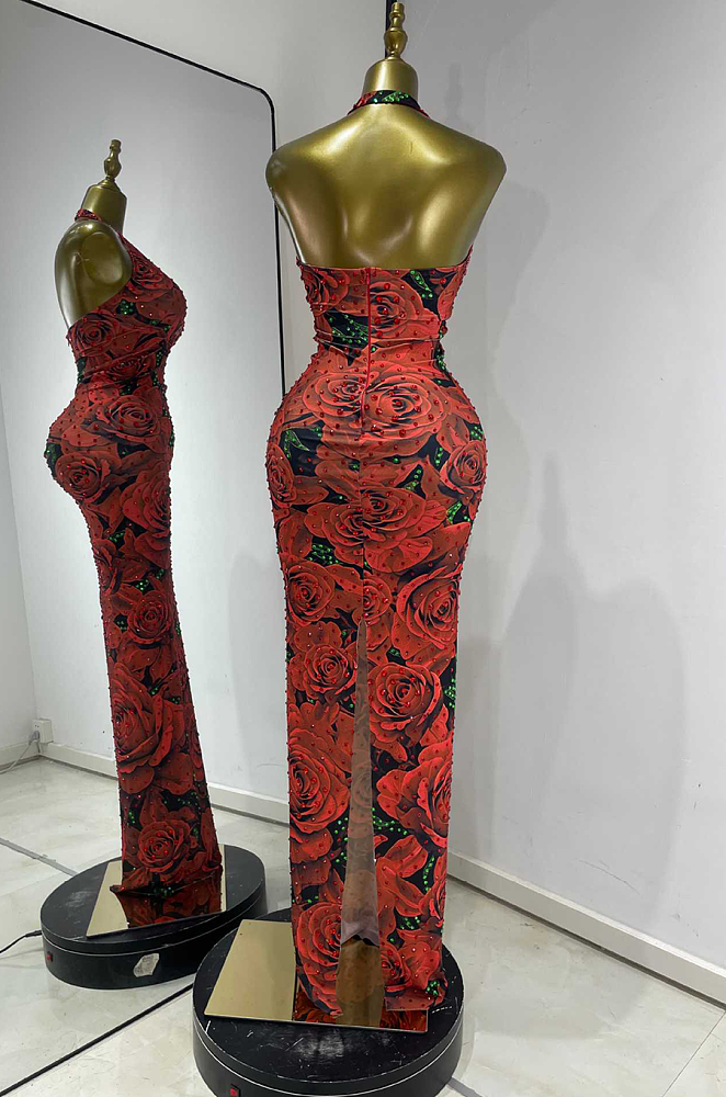 Red Floral Rhinestone Halter Neck Long Dress