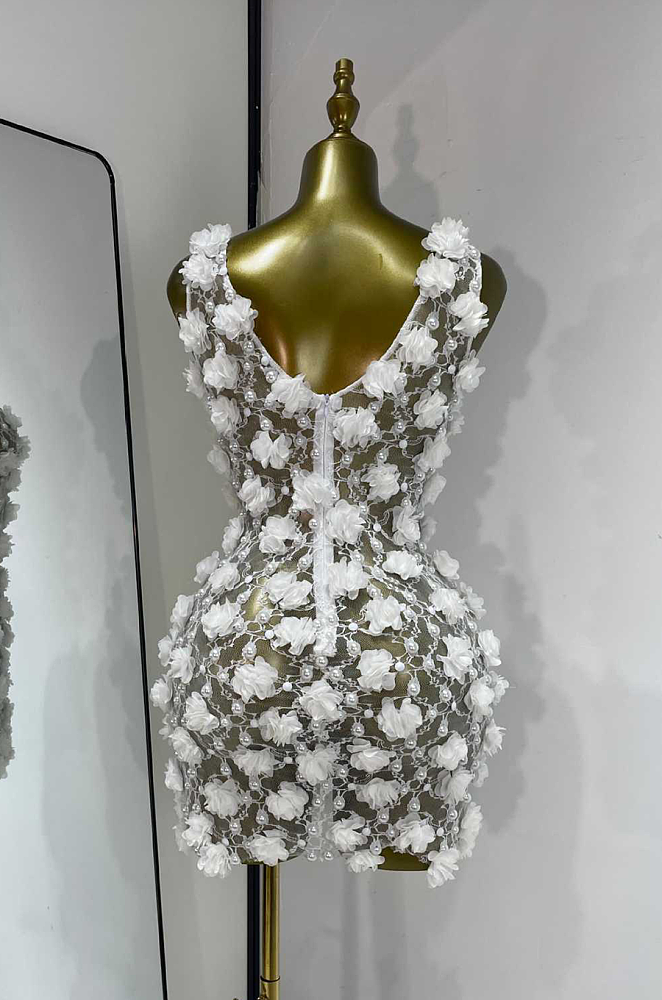 Pearl & Flower Plunging Neck Sheer Mini Dress