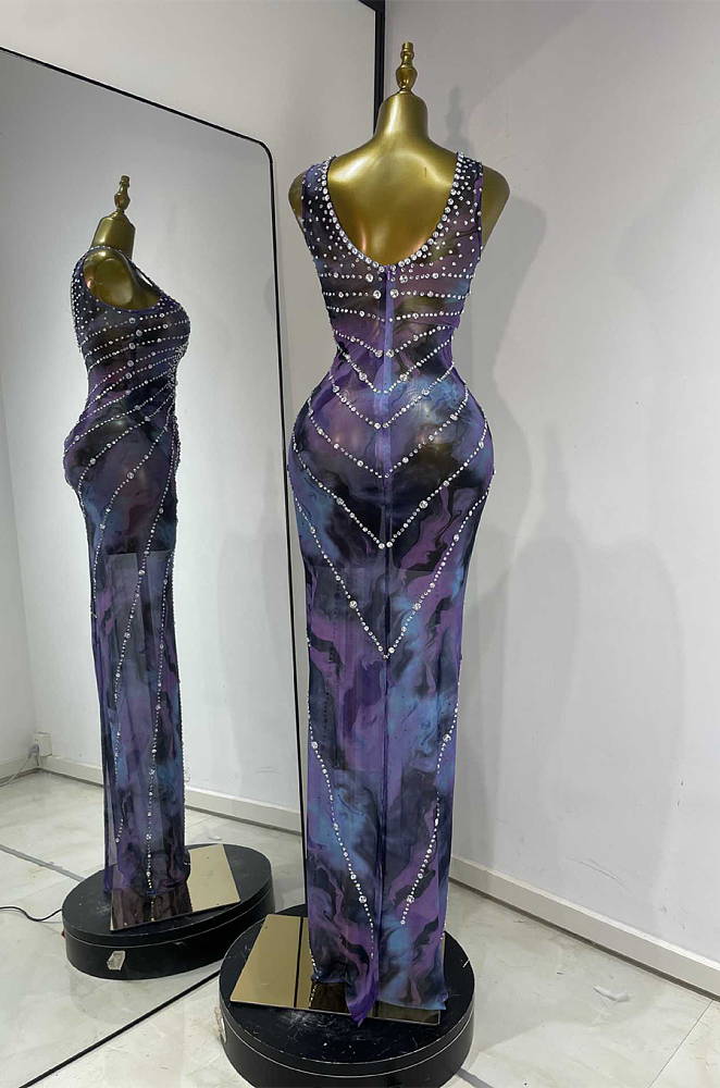 Beaded Galaxy Printed Party Dress