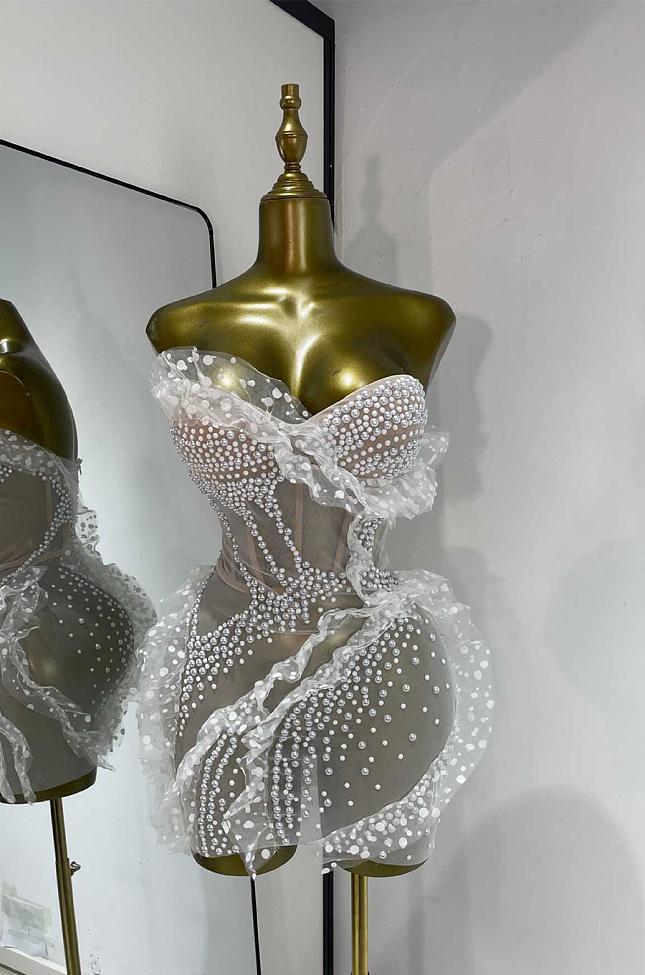White Strapless Pearl-beaded Dress with Sheer Ruffles