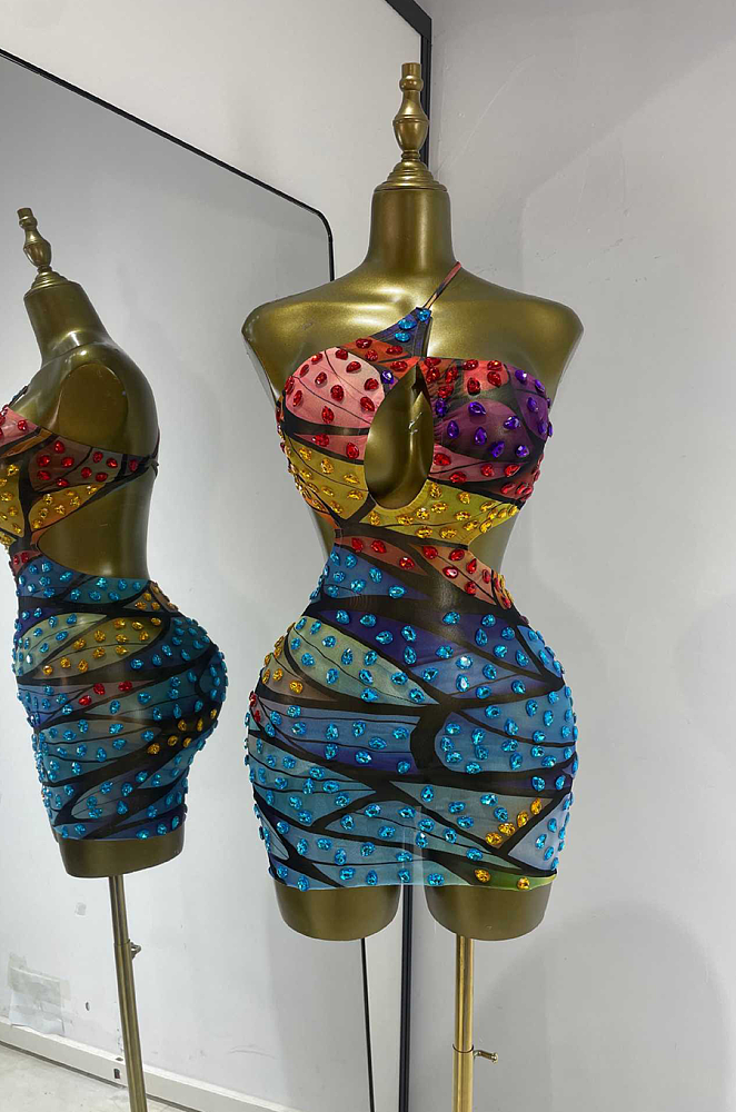 Embellished Crystal Halter Mini Dress