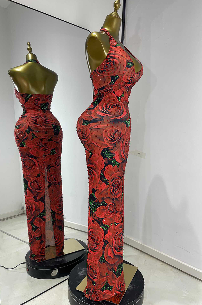 Red Floral Rhinestone Halter Neck Long Dress