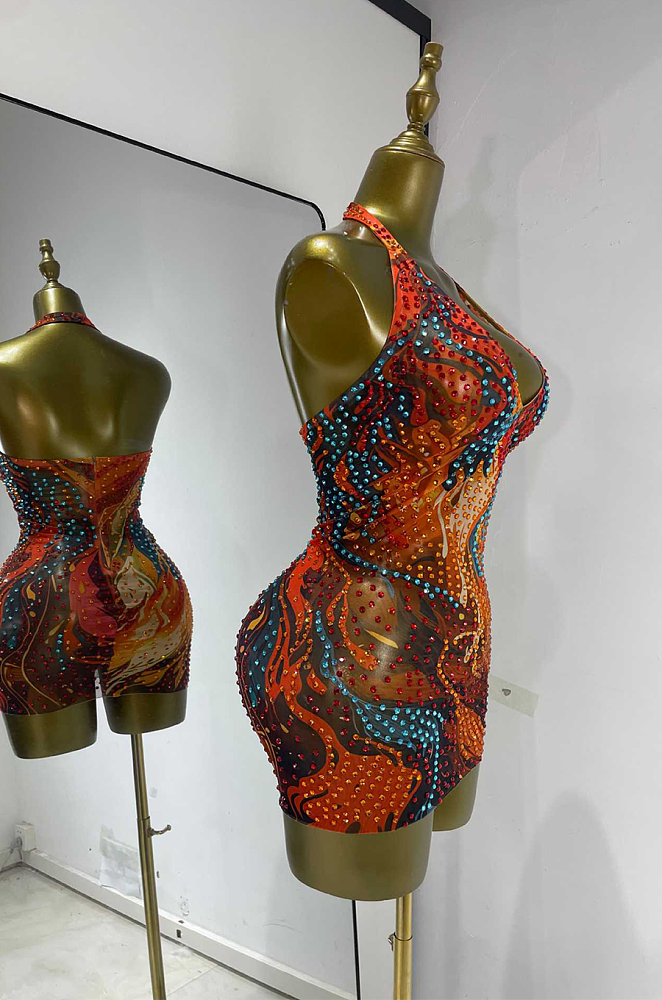 Embellished Crystal Halter Mini Dress