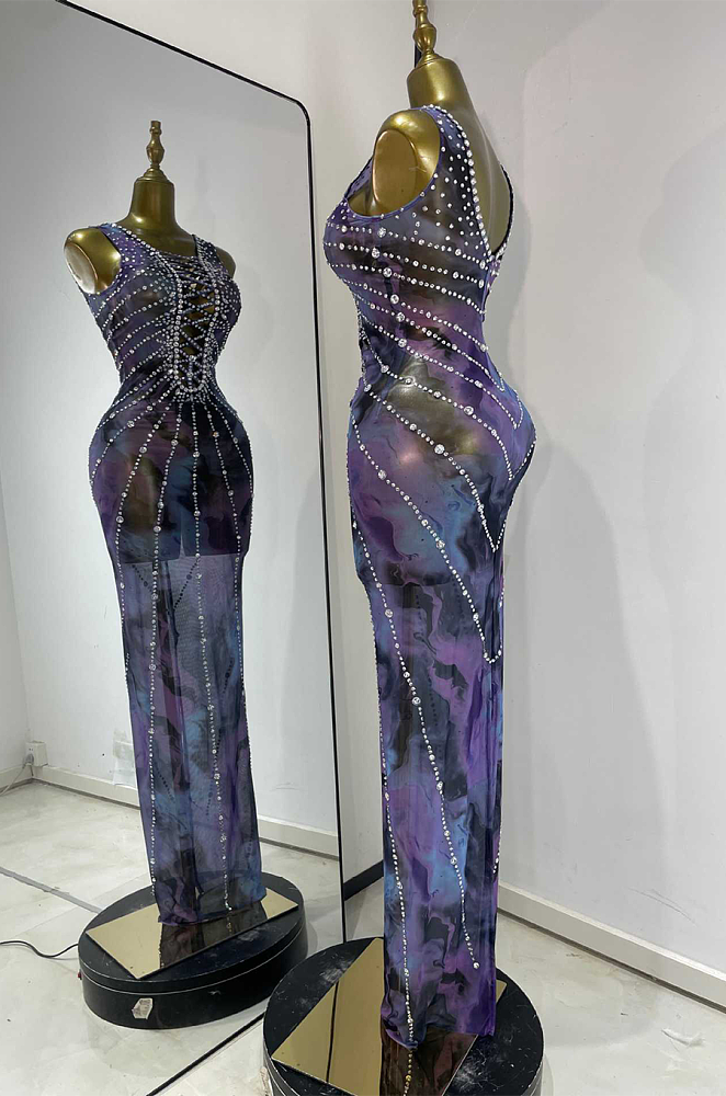 Beaded Galaxy Printed Party Dress