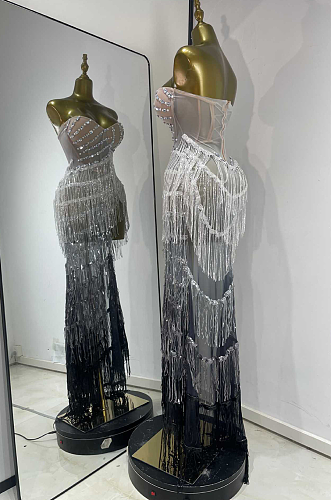 Cascading Silver Beaded Fringe Gown