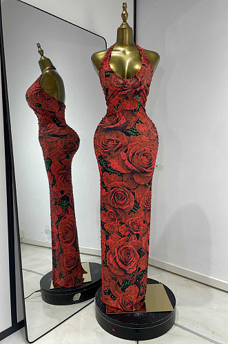 Red Floral Rhinestone Halter Neck Long Dress