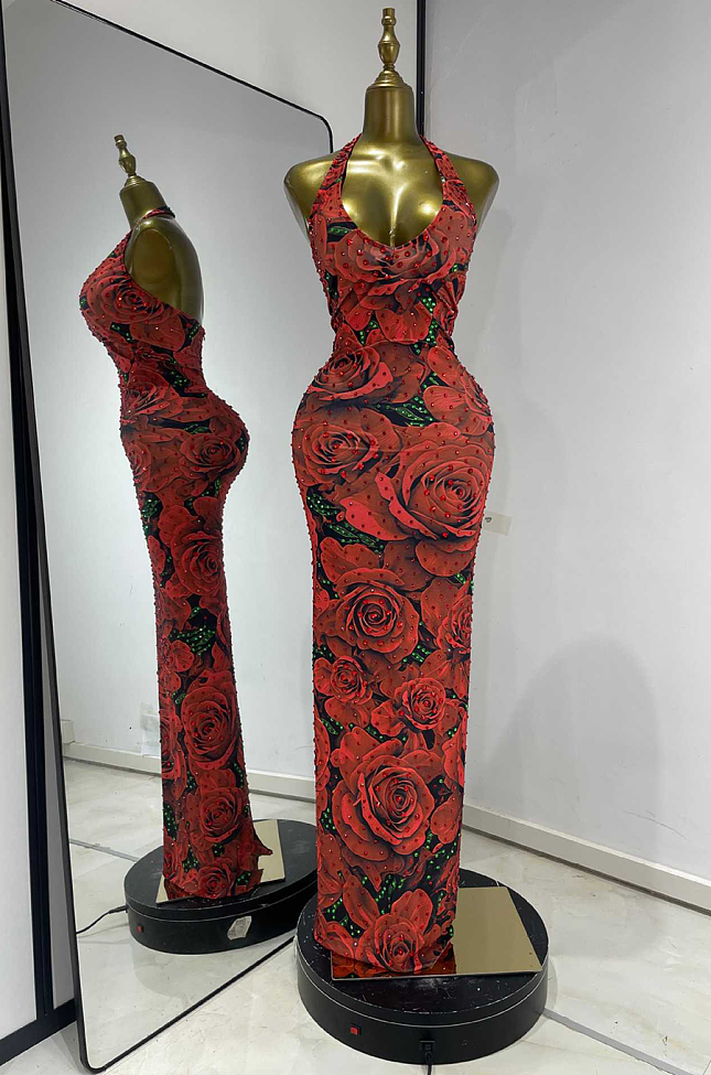 Red Floral Rhinestone Halter Neck Long Dress