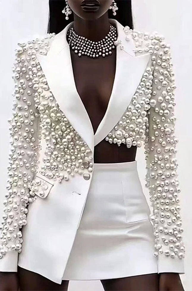 Asymmetrical Pearl Embellished Blazer Set