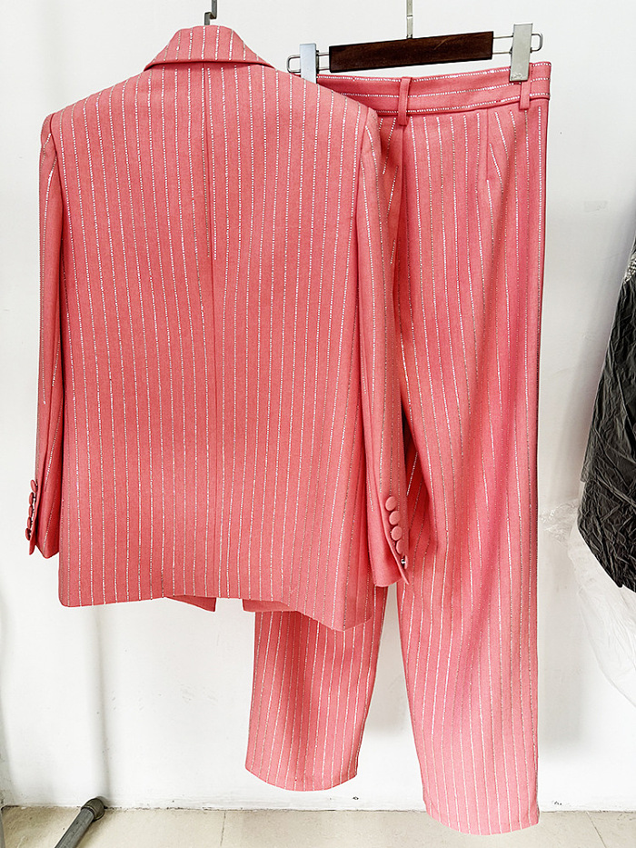 Crystal Pinstripe Blazer Set - Pink
