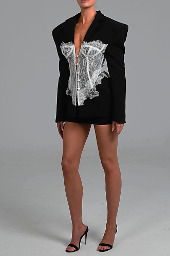 Lace Patchwork Fitted Waist Blazer