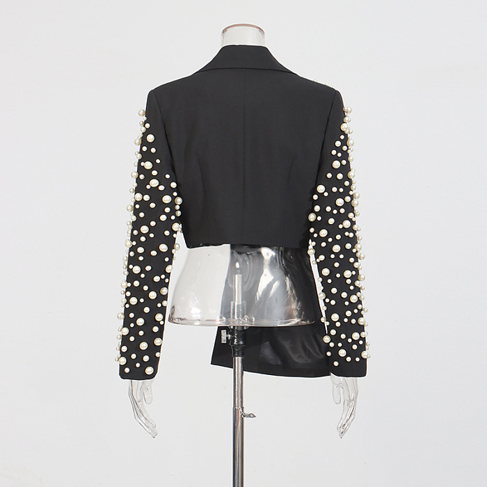 Asymmetrical Pearl Embellished Blazer Set - Black