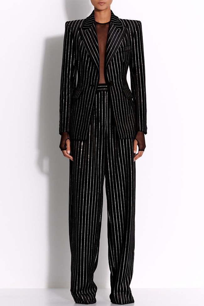 Crystal Pinstripe Blazer Set - Black