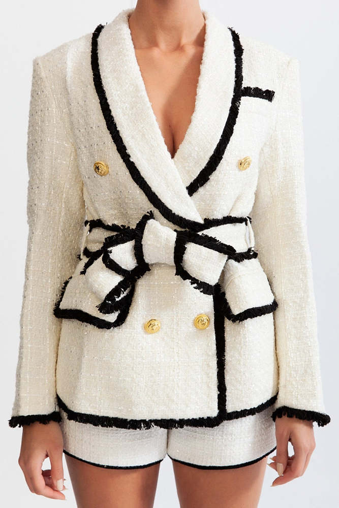 Breasted Tweed Jacket With Belt & Shorts - White