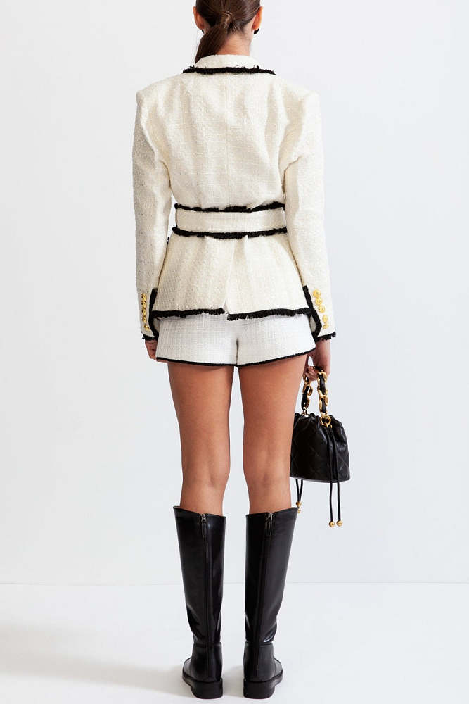 Breasted Tweed Jacket With Belt & Shorts - White