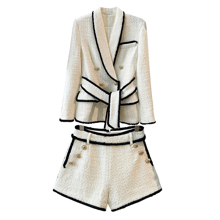 Breasted Tweed Jacket With Belt & Shorts - White