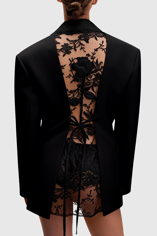 Floral Lace Blazer - Black