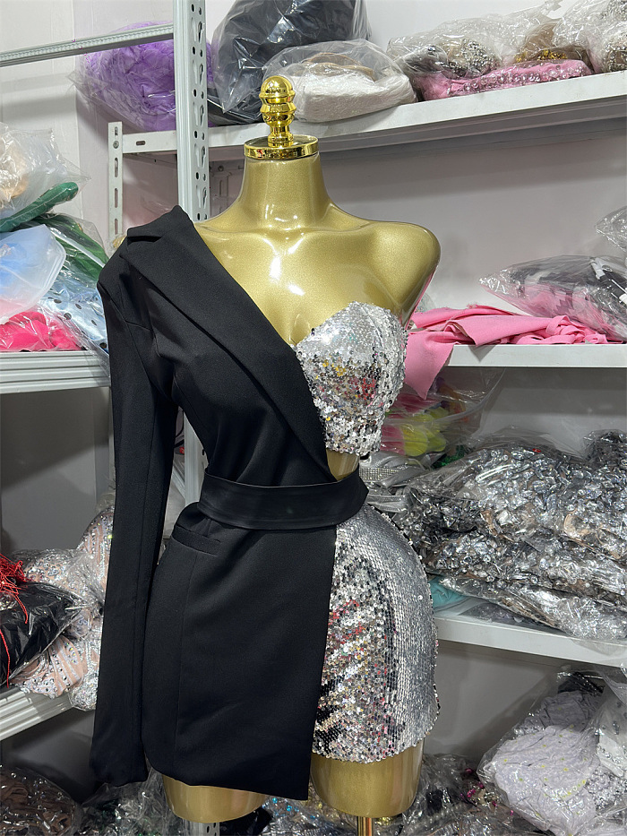 Sequin Cutout Blazer Romper - Silver