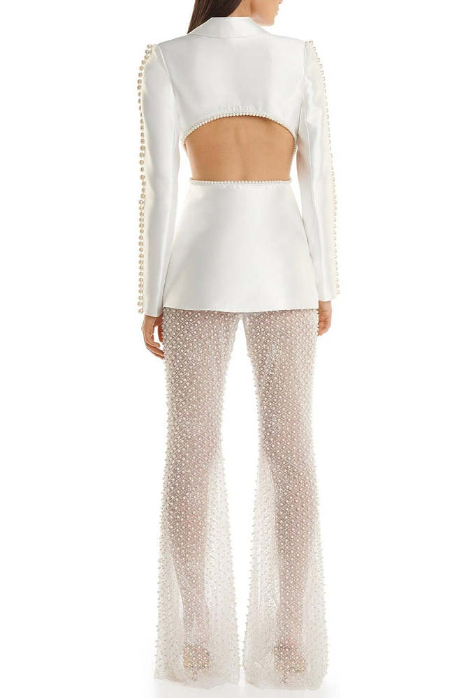 Floral Pearl Backless Blazer Set - White