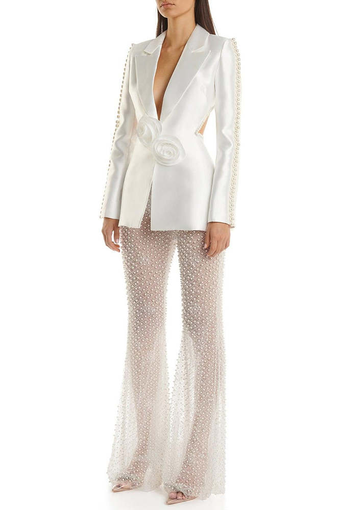 Floral Pearl Backless Blazer Set - White