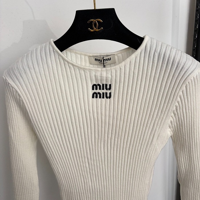 Miu Miu White Ribbed Knit Long-sleeve Top