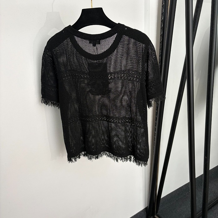 Chanel fishnet short-sleeve knit top with Fringe Hem