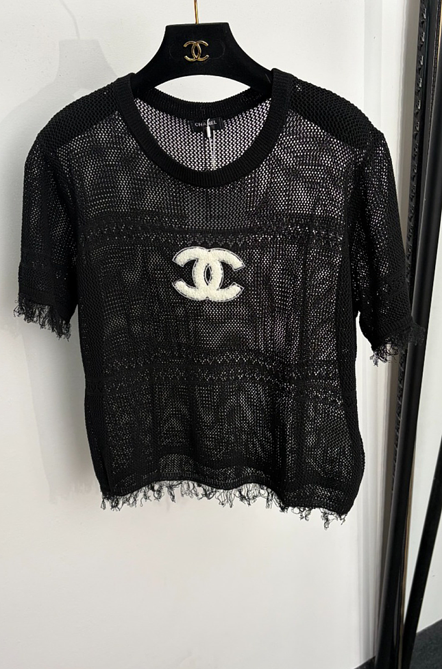 Chanel fishnet short-sleeve knit top with Fringe Hem