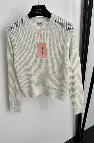 Miu Miu White Open-knit Crewneck Sweater