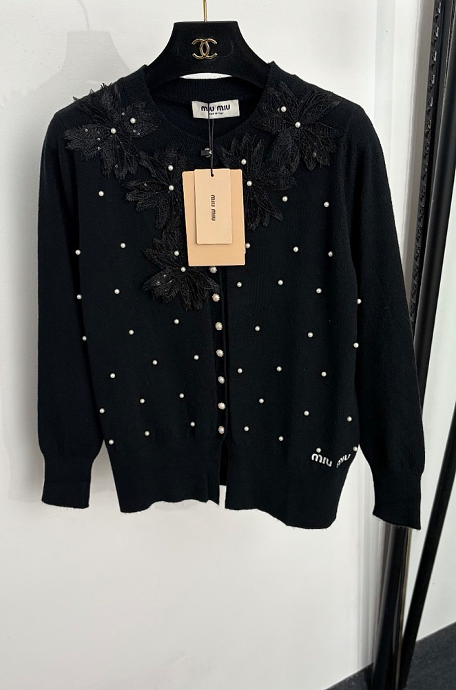 Black Cashmere Embroidered Cardigan