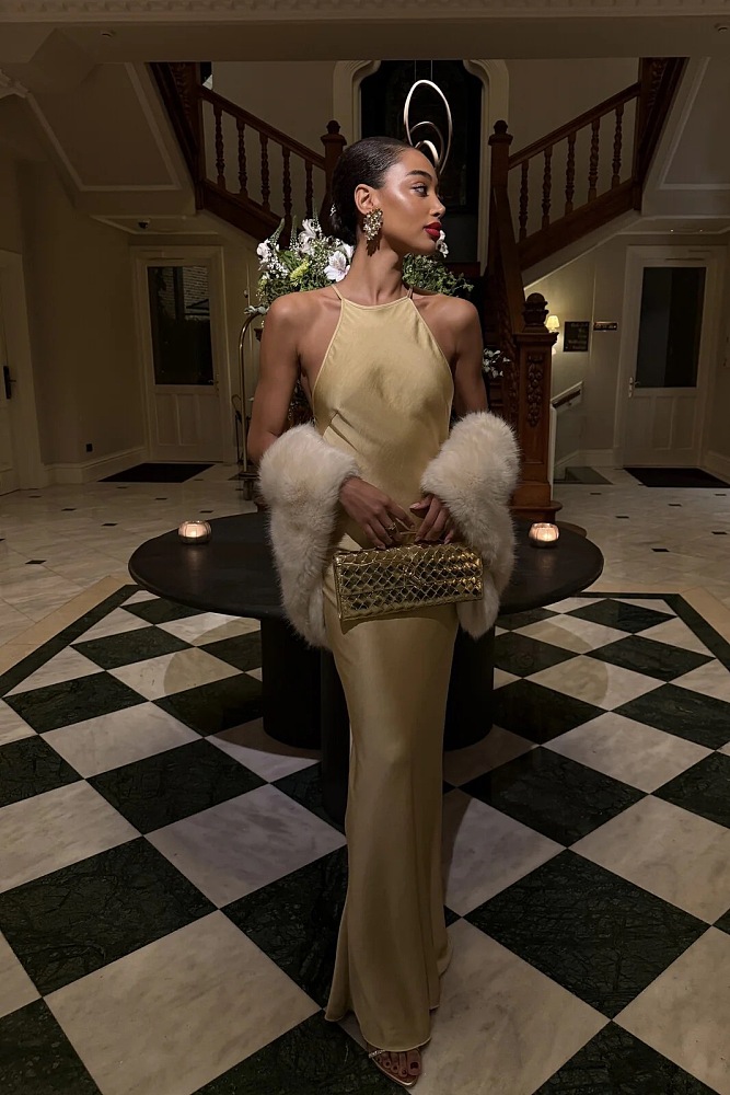 Gold Satin Halter Maxi Evening Dress
