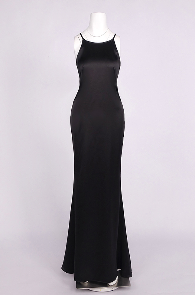 Black Satin Halter Maxi Evening Dress