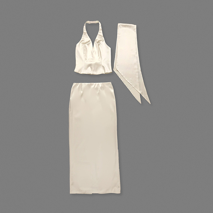 Ivory Plunge Neck Satin Top & Skirt Set In stock